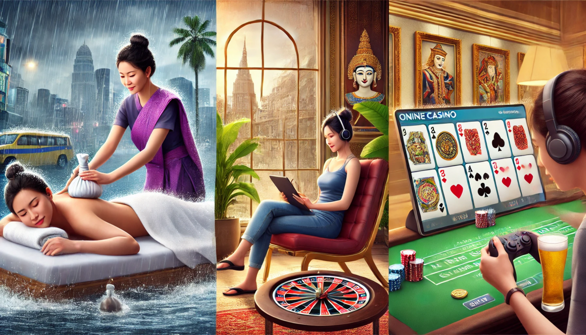 Imagen 1. Diversas actividades durante mal tiempo en un viaje, como relajarse en un spa, visitar museos y jugar a juegos de casino online desde un hotel.