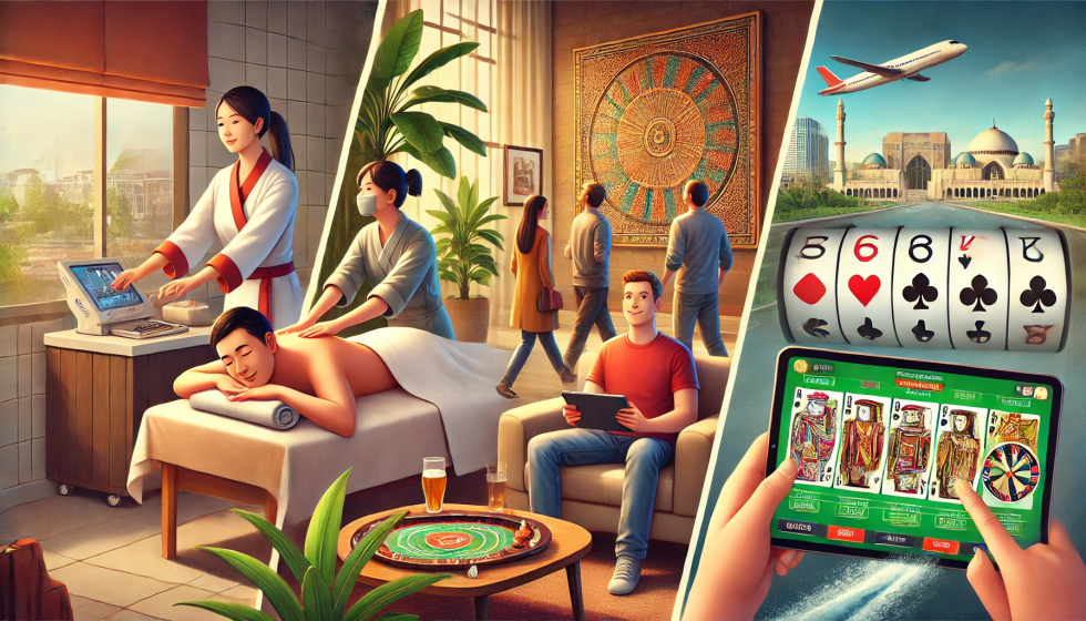 Imagen 2. Actividades durante mal tiempo en un viaje, incluyendo relajarse en un spa, visitar museos y jugar a juegos de casino en línea.